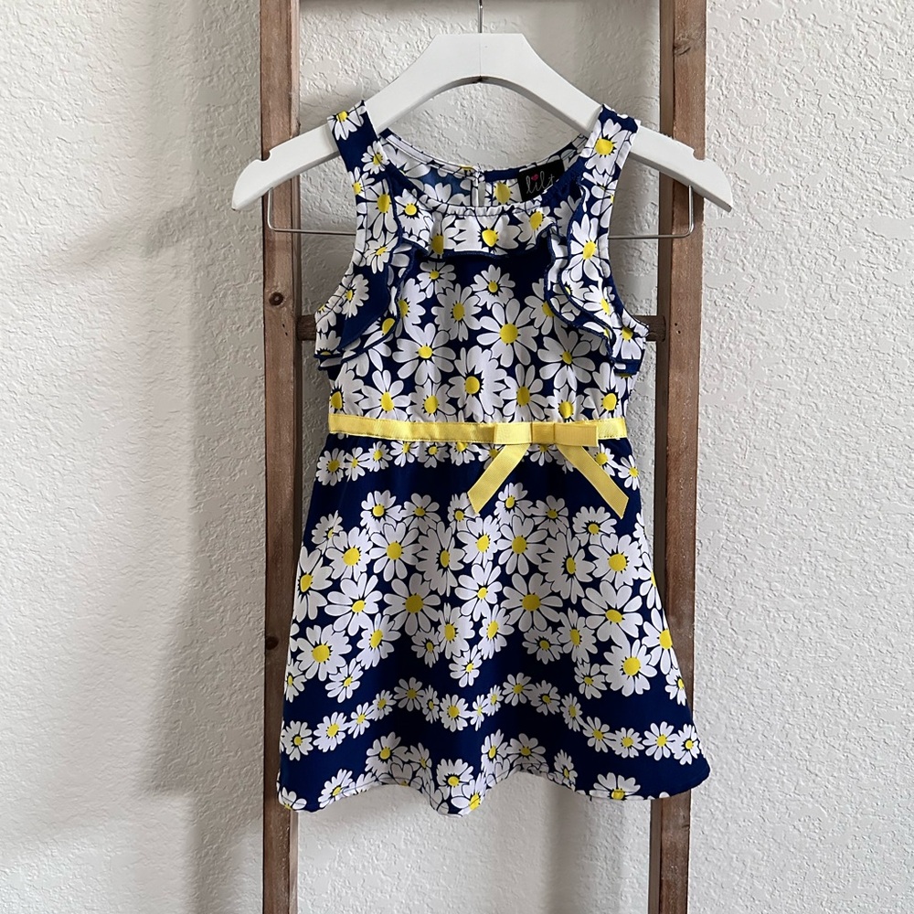 Lilt Navy White Yellow Daisy Midi Dress Sz: 4T